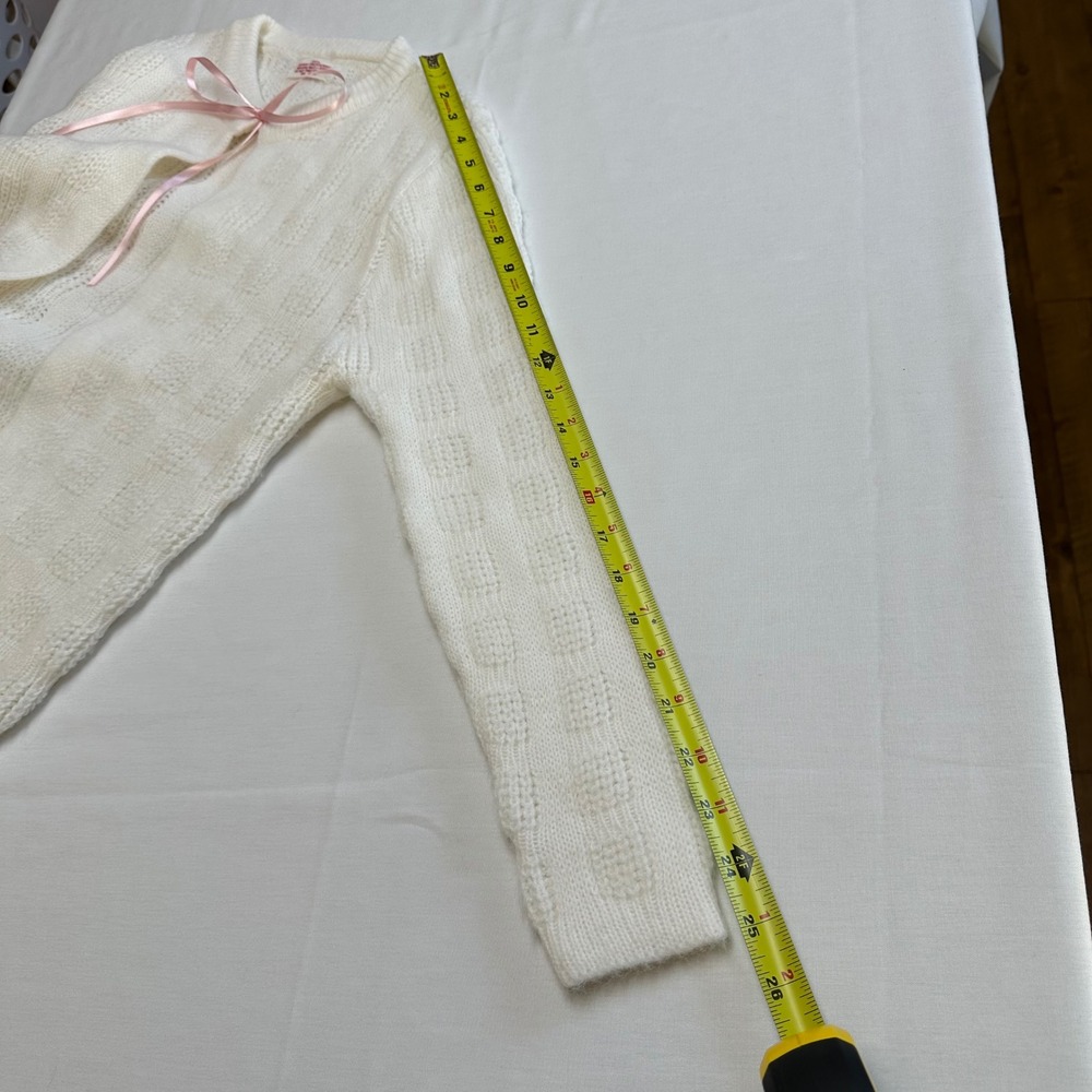 Vintage Women Orlon Acrylic White Knit Cardigan Sweater Medium Pink Bow Coquette - Picture 8 of 8
